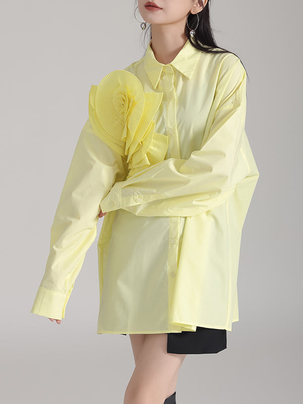 Solid Color Three-Dimensional Flower Long Sleeves Buttoned Blouses