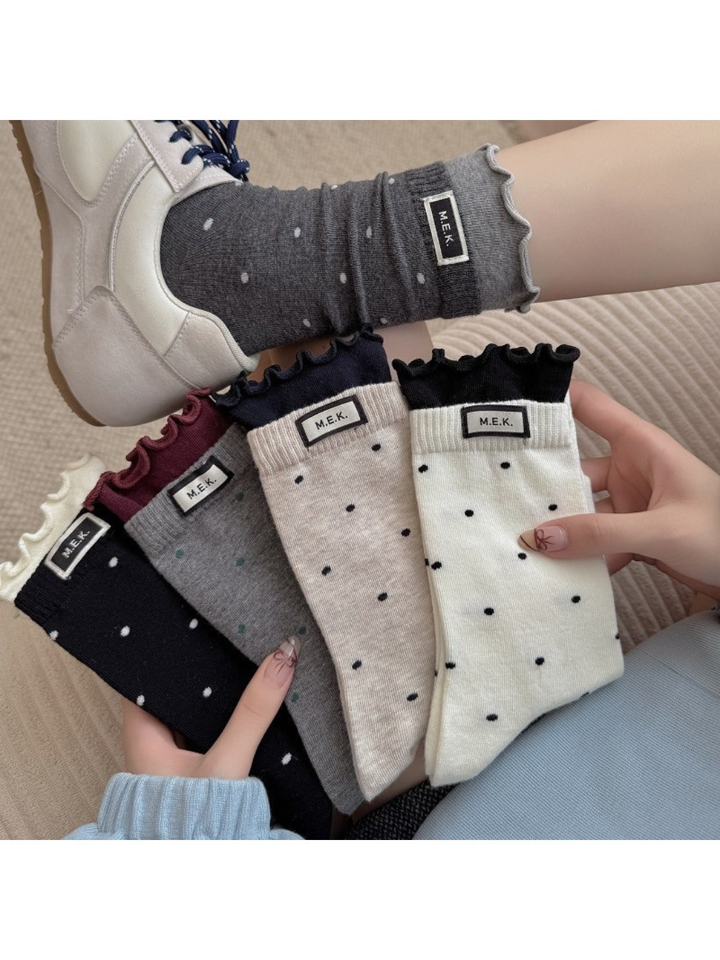 Rufia - Polka Dot Print Mid-Crew Socks with Ruffle Trim