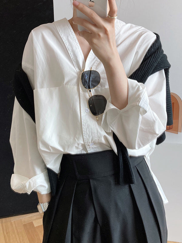 Long Sleeves Loose Buttoned Solid Color Split-Joint V-Neck Blouses&Shirts Tops