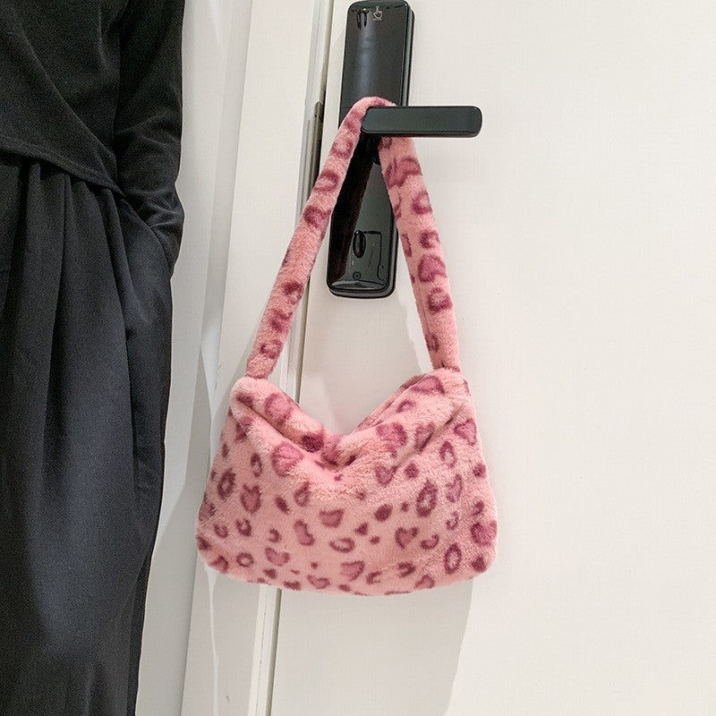 Cute Black  White Flowers Plush Shoulder Bag