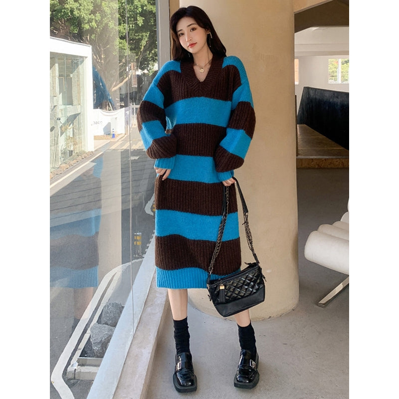 Stylish Loose Striped V-Neck Sweater Dresses