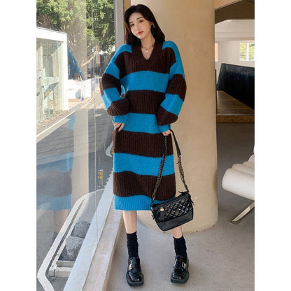 Stylish Loose Striped V-Neck Sweater Dresses