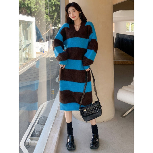 Stylish Loose Striped V-Neck Sweater Dresses