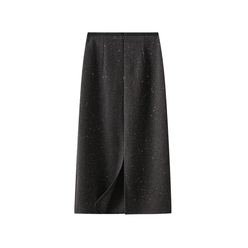High Waist Slit Long Skirt In Bright Silk Wool