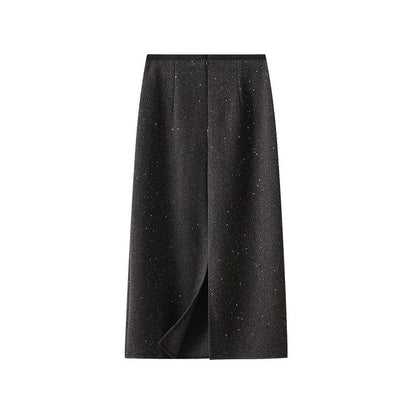 High Waist Slit Long Skirt In Bright Silk Wool