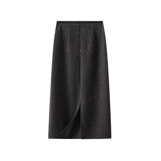 High Waist Slit Long Skirt In Bright Silk Wool