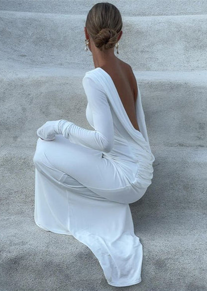 Backless Long Sleeve Maxi Dress In Silky Polyester