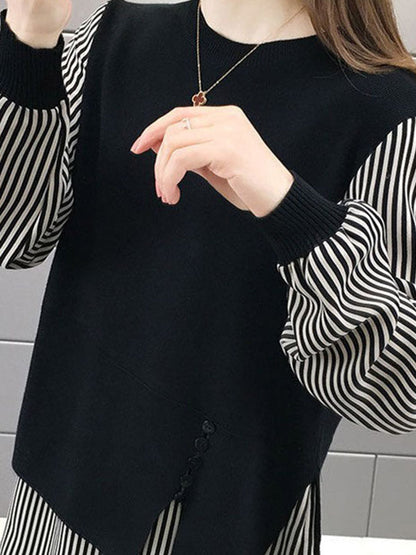Original Loose Split-Joint 5 Colors Striped Round-Neck Long Sleeves False Two Sweater Top