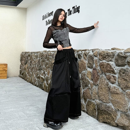 Patchwork Wide Leg Pants With Large Pockets
