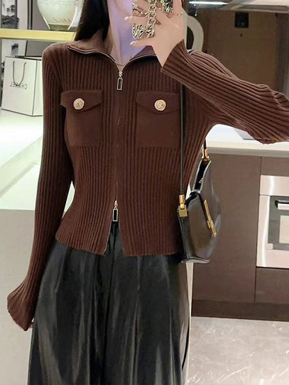 Solid Color Retro Pockets  Zipper Long Sleeves Stand Collar Sweater