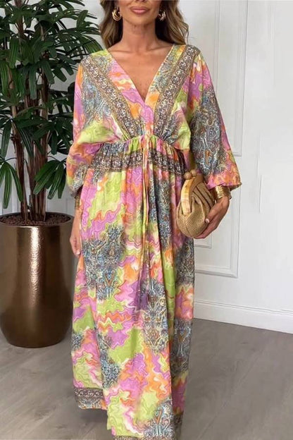 Summer Bold Floral Print Elastic Waist Backless Slit Casual Maxi Dress
