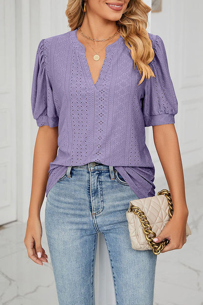Casual v-neck solid color hollow puff sleeve loose t-shirt top women