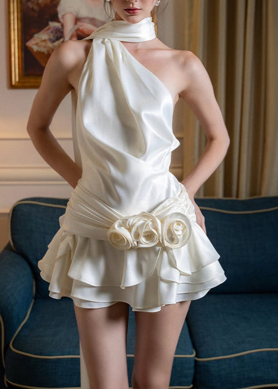 One Shoulder Satin Mini Dress with Layered Skirt