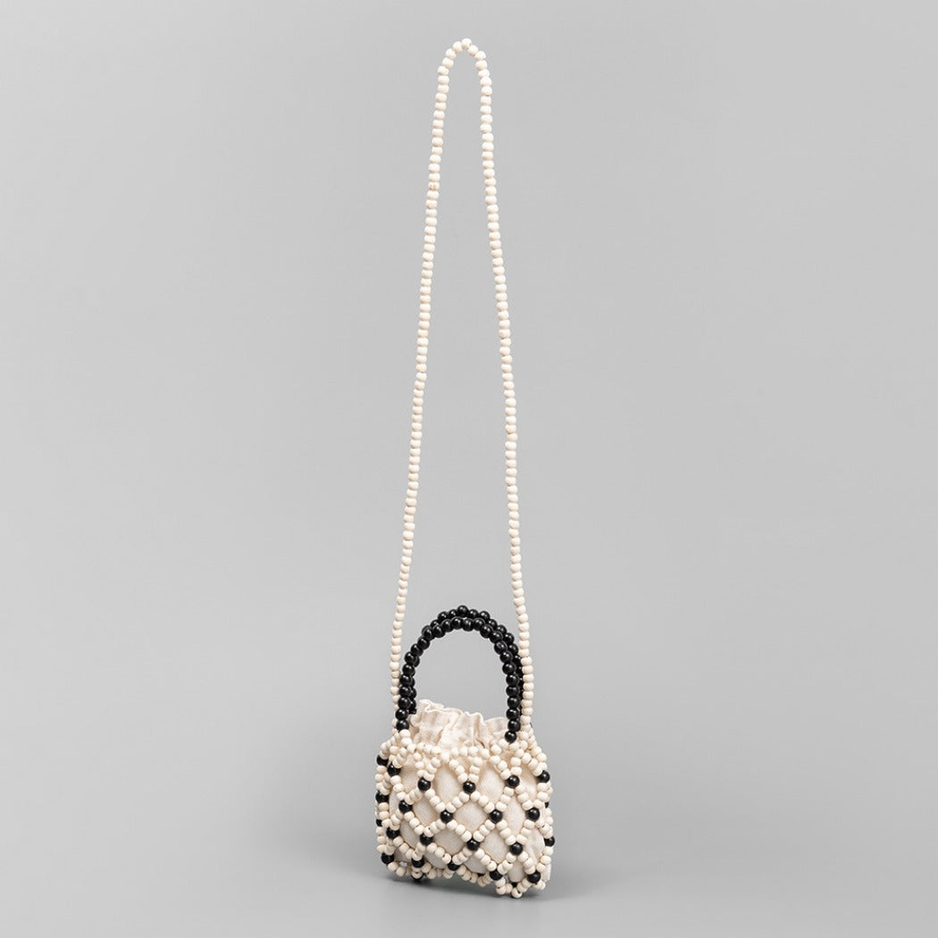 Cosbai - Color-Blocked Wooden Bead Crossbody Bag