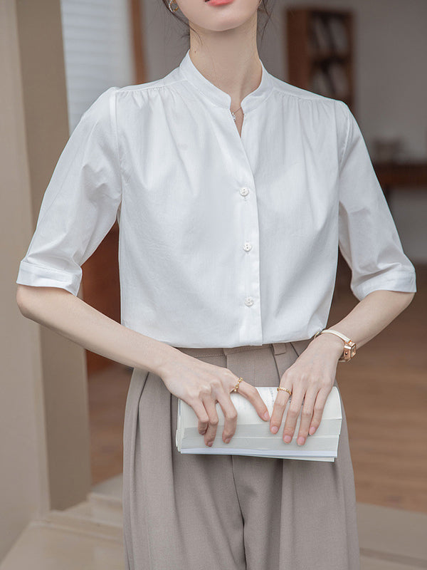 Half Sleeves Loose Buttoned Pleated Solid Color Split-Joint Stand Collar Blouses&Shirts Tops