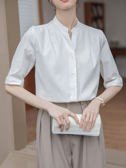 Half Sleeves Loose Buttoned Pleated Solid Color Split-Joint Stand Collar Blouses&Shirts Tops