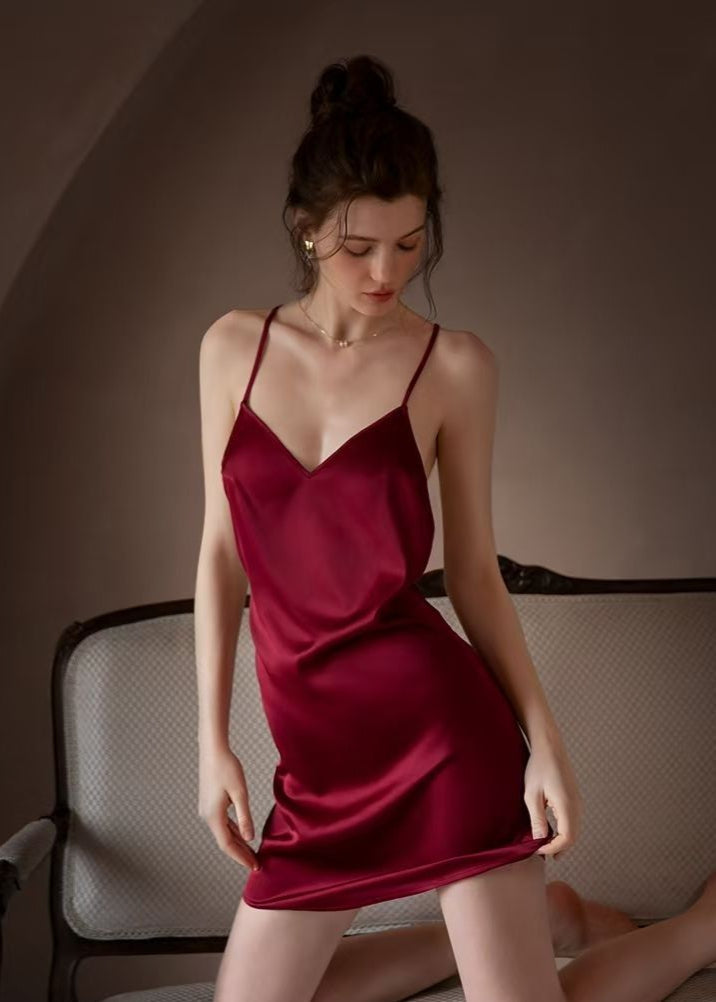 Backless Satin Nightdress Burgundy Silky Slip