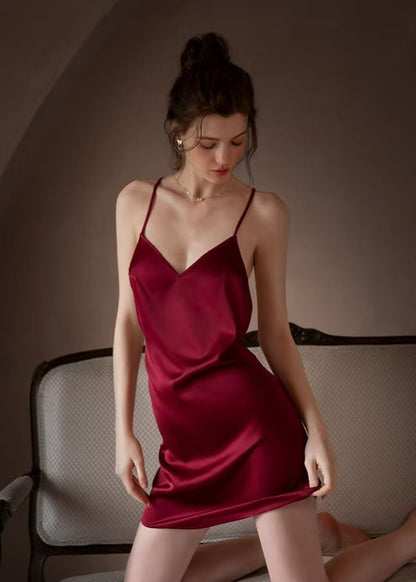 Backless Satin Nightdress Burgundy Silky Slip