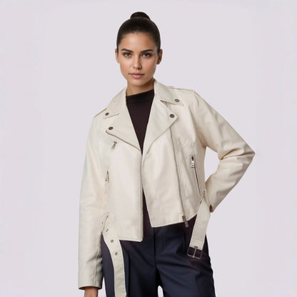 PU Retro Belted Biker Jacket Lapel Collar