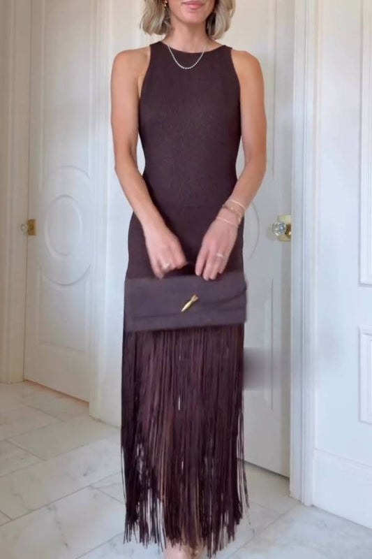 Sleeveless knitted maxi dress with tassels
