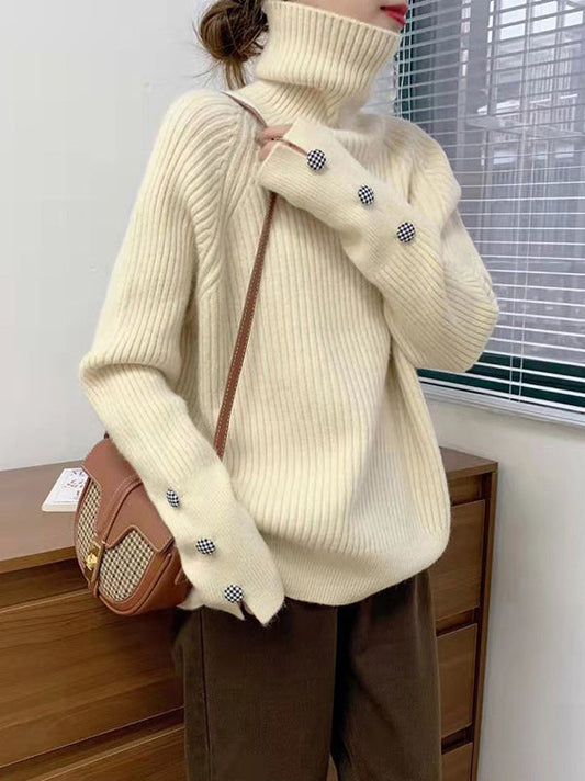 Casual Loose Long Sleeves Solid Color High-Neck Sweater Tops