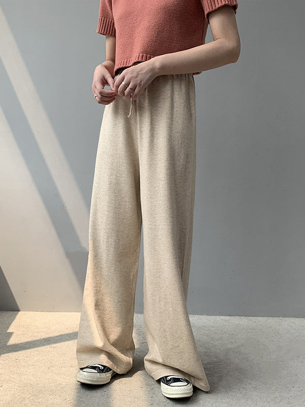 Loose Wide Leg Drawstring Solid Color Knitting Casual Pants Bottoms