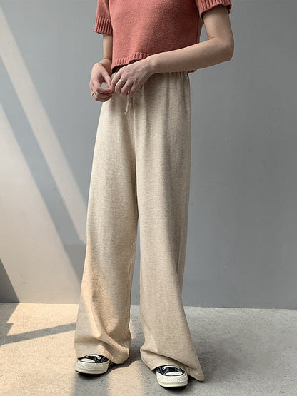 Loose Wide Leg Drawstring Solid Color Knitting Casual Pants Bottoms