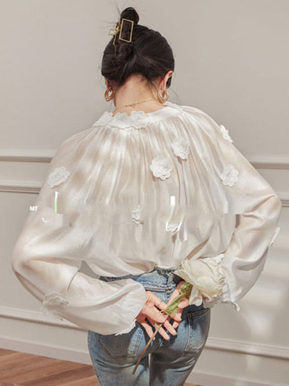 Loose Flower Shape Solid Color Tasseled V-Neck Blouses&Shirts Tops