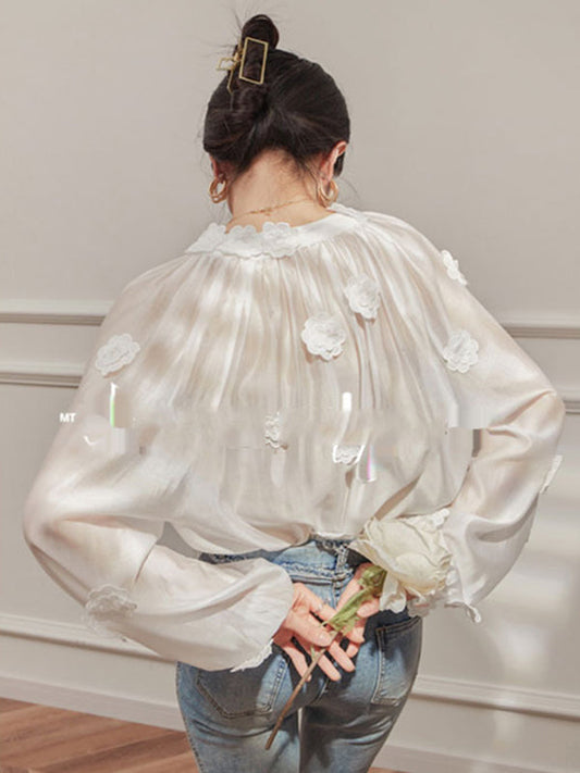 Loose Flower Shape Solid Color Tasseled V-Neck Blouses&Shirts Tops
