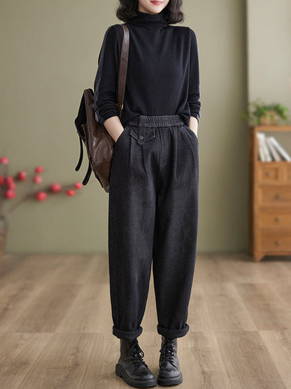 Casual Loose Velvet Elasticity Solid Color Harem Jean Pants Bottoms