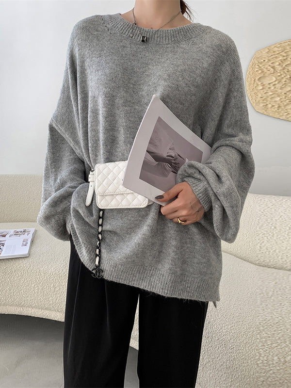 Loose Puff Sleeves Split-Side Solid Round-Neck Sweater Tops