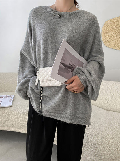 Loose Puff Sleeves Split-Side Solid Round-Neck Sweater Tops