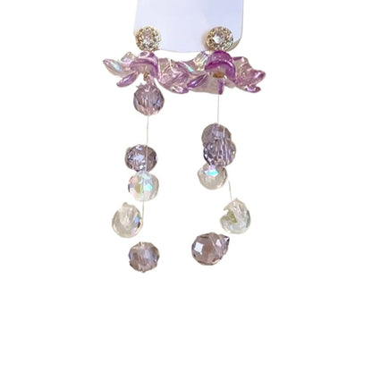 Earwish - Purple Floral &amp; Long Beaded Fringe Earrings - Delicate