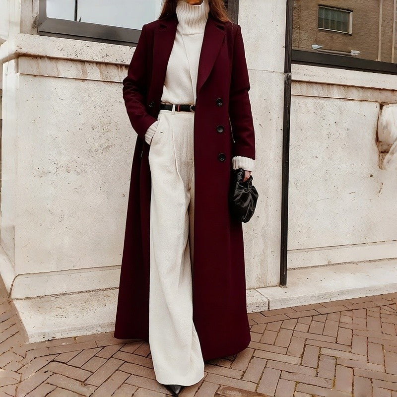 2025 Winter Women Long Wool Coat Polyester Warm Solid
