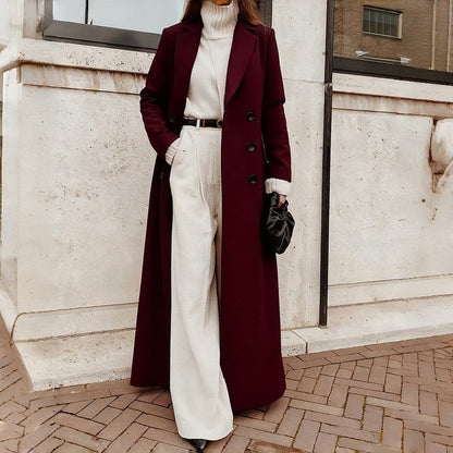 2025 Winter Women Long Wool Coat Polyester Warm Solid