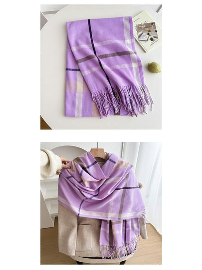 Scarvii - Reversible Color-Block Plaid Scarf with Fringe