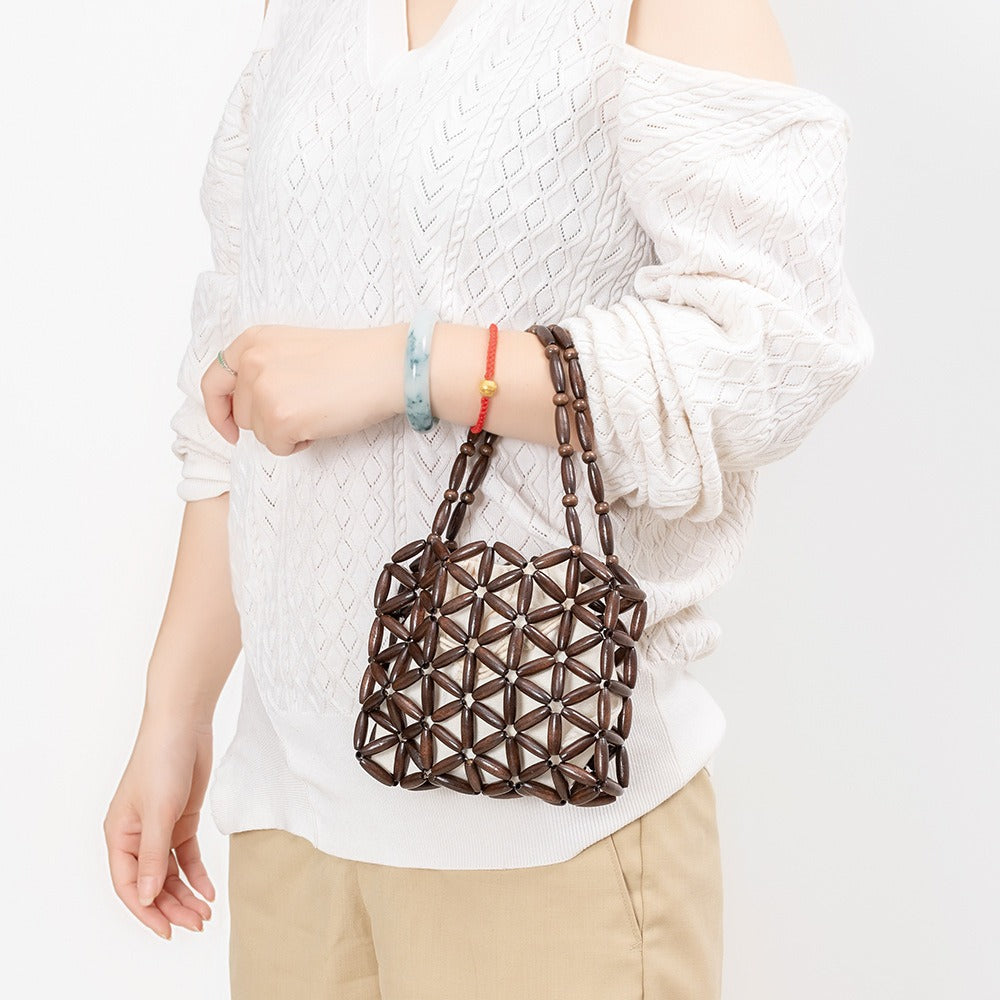 Wooden Bead Drawstring Handbag