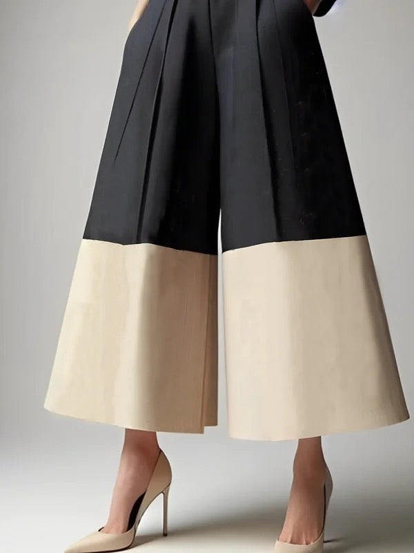 High Waisted Loose Contrast Pleated Pocket Pants Cotton Blend