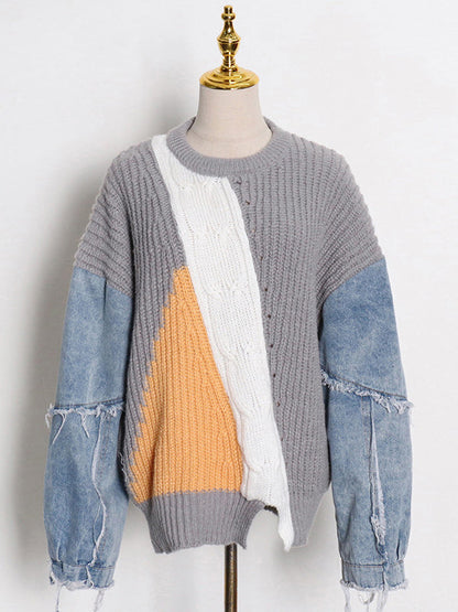 Stylish Denim Knitting Split-Joint Contrast Color Sweater Top