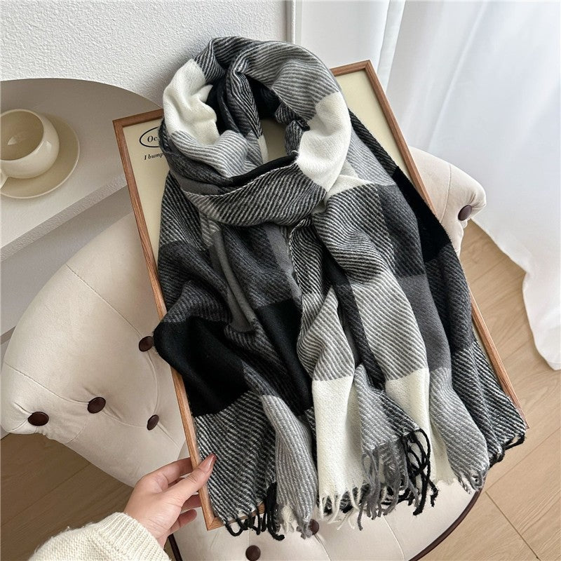 Color Block Plaid Fringe Scarf