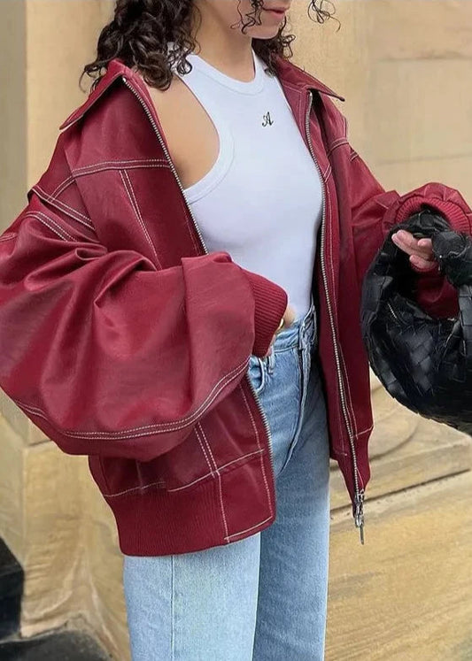 Oversized Zipper Jacket In Wine Red With White Stitching