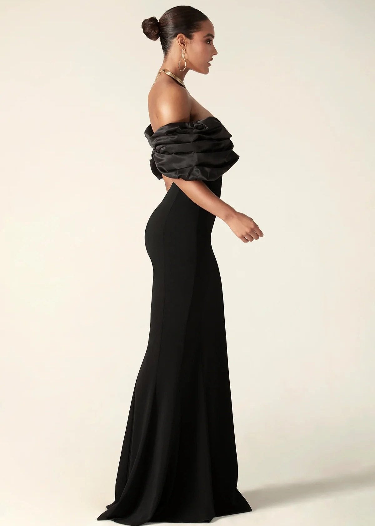Off Shoulder Satin Evening Gown With Thigh Slit
