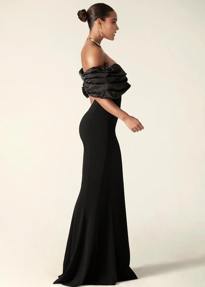 Off Shoulder Satin Evening Gown With Thigh Slit