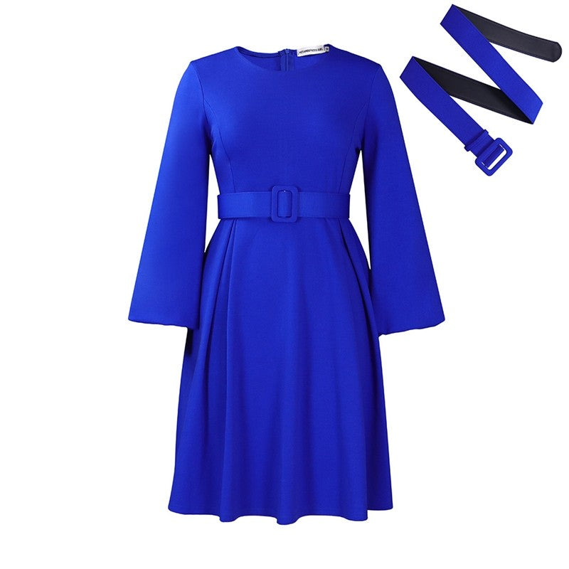 Solid Color Long Sleeve Round Neck Dress With Belt