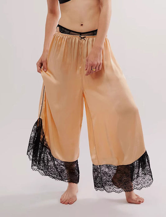Casual Solid Color Lace Splice Satin Pants
