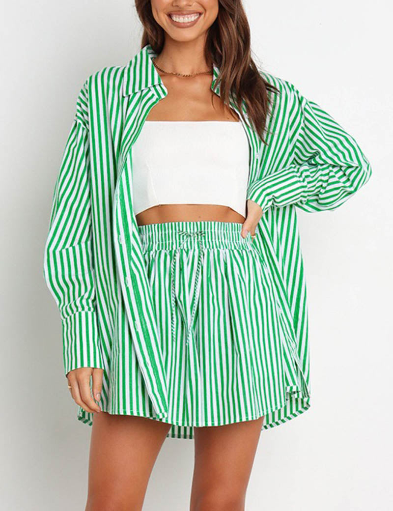 Stripe Color Block Split Shirt Short Set