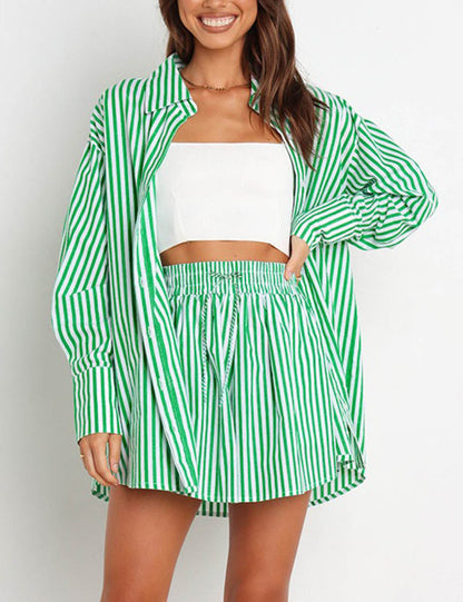Stripe Color Block Split Shirt Short Set