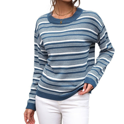 Casual Long-Sleeved Crew Neck Striped Sweater