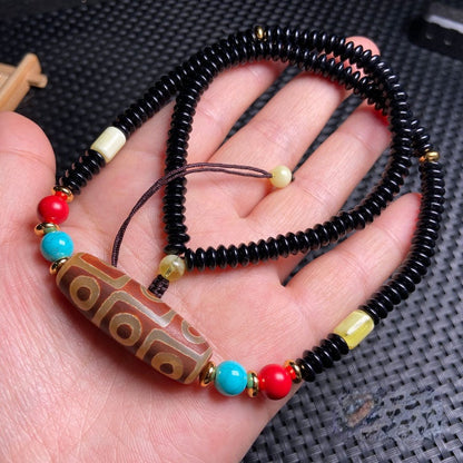 Tibetan Nine-Eyed Beads Clavicle Chain Old Agate Beads With Beeswax Cinnabar Beads Necklace