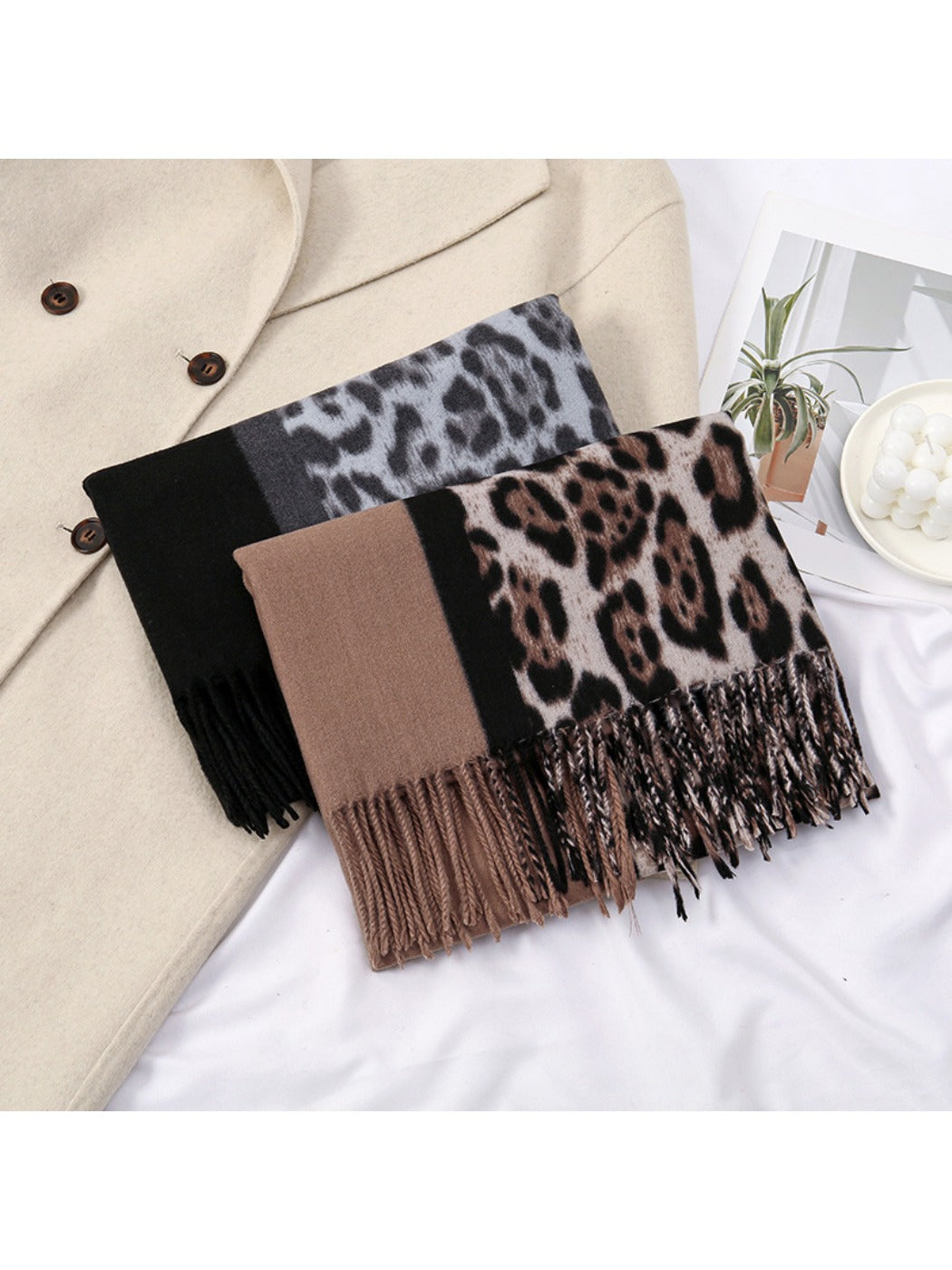 Sscarvii - Leopard Print Tassel Winter Scarf